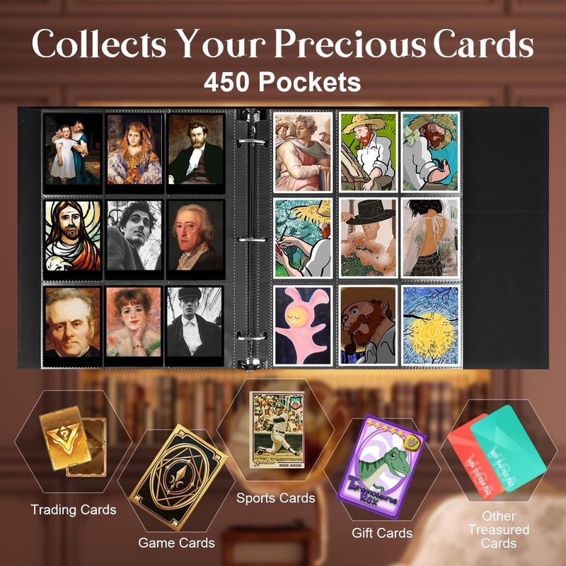 WOT I Deluxe Trading Card Binder, 450 Pockets Collectible Card Binder Sleeves, Refillable Leather 3 Ring Binder with Side-load Pocket Card Pages for Holding Cherished Cards - Red - Image 3
